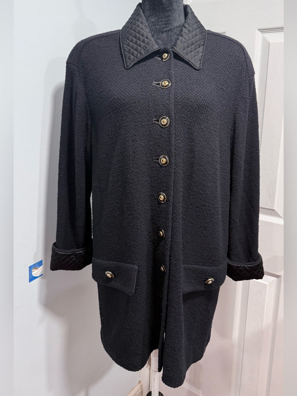St. John Black Quilted-Collar Long Jacket with Gold Buttons